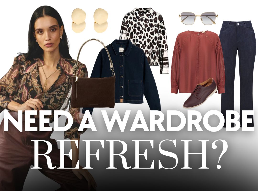 Woman with fashion items including a handbag, jacket, shirt, pants, and shoes with text 'Need a Wardrobe Refresh?'.