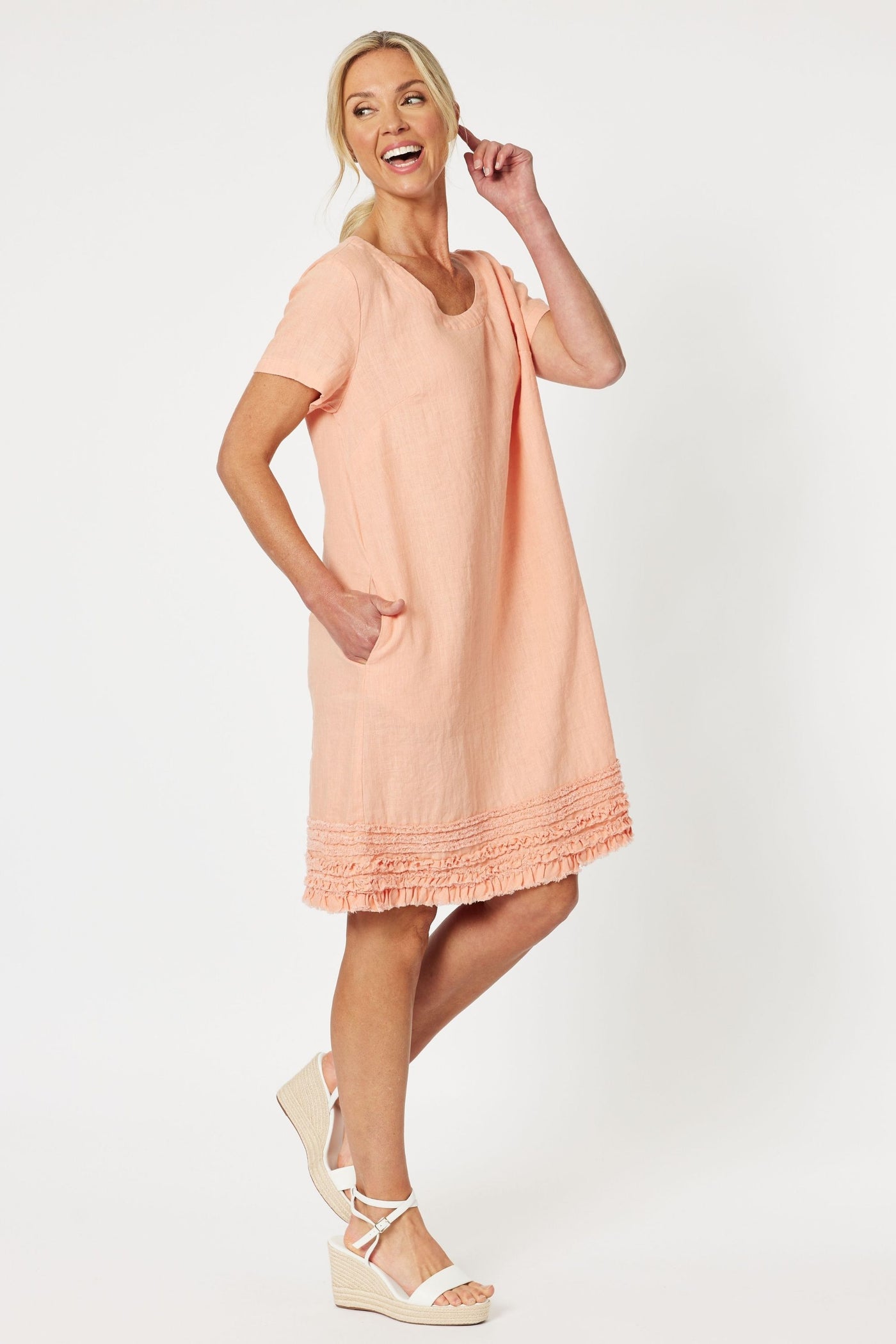 RUFFLE HEM LINEN DRESS - 46000GS