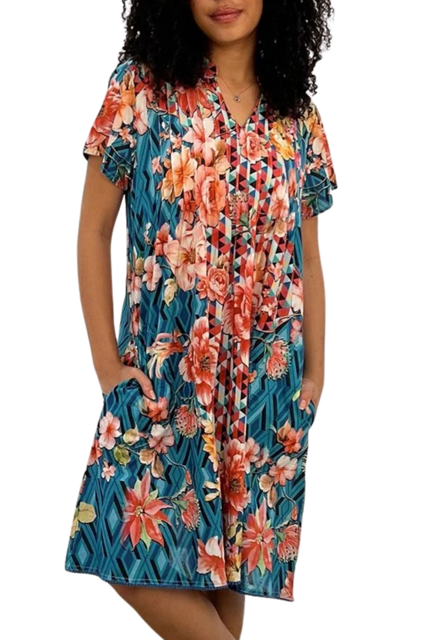 FLORAL DIAMOND PINTUCK DRESS - SDR-1768-FDM DRESS