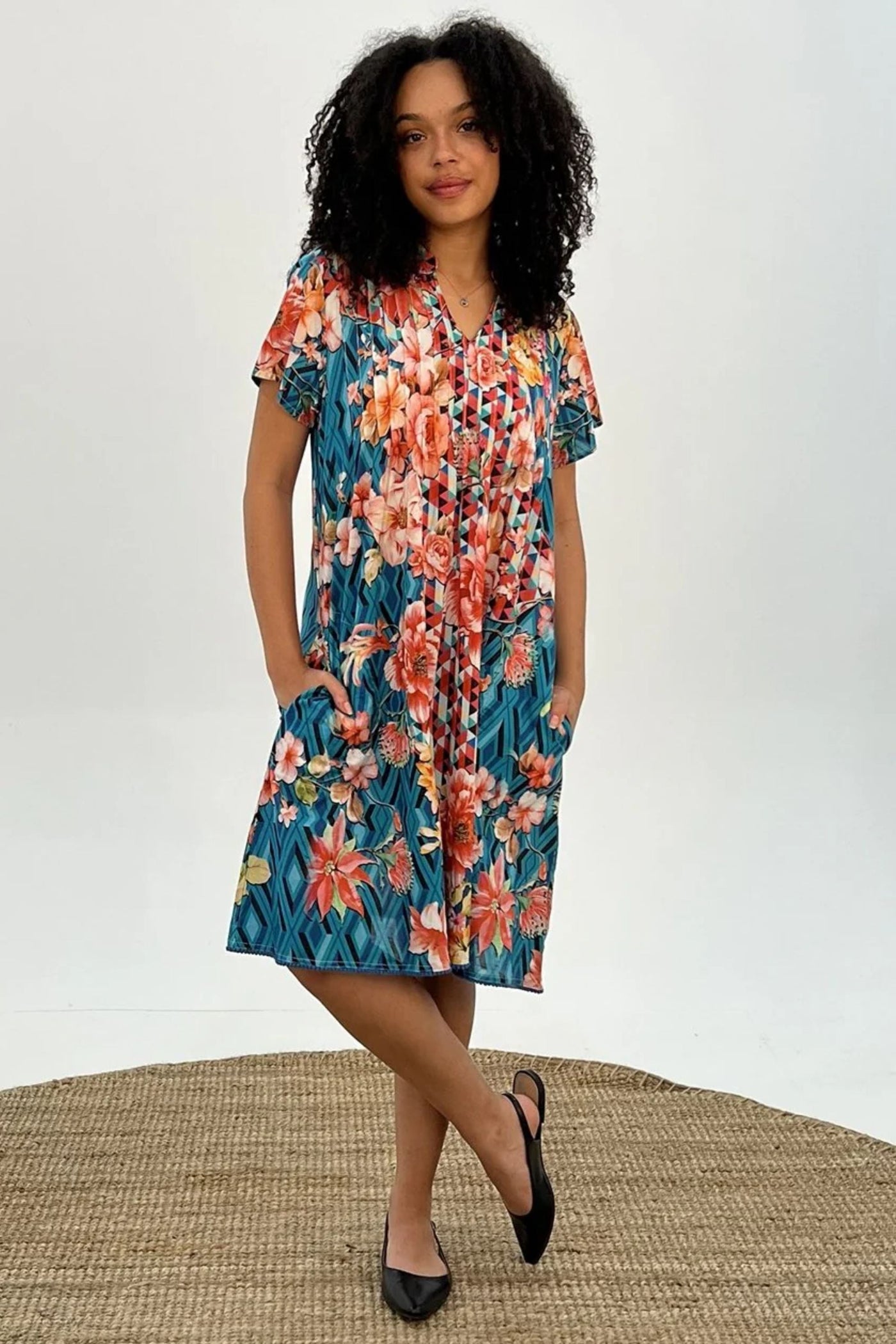 FLORAL DIAMOND PINTUCK DRESS - SDR-1768-FDM DRESS