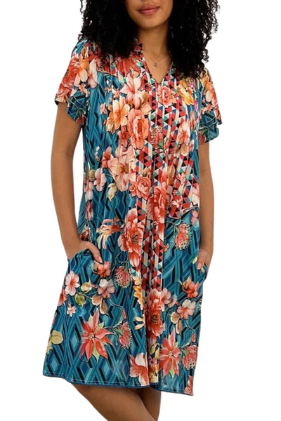 FLORAL DIAMOND PINTUCK DRESS - SDR-1768-FDM DRESS