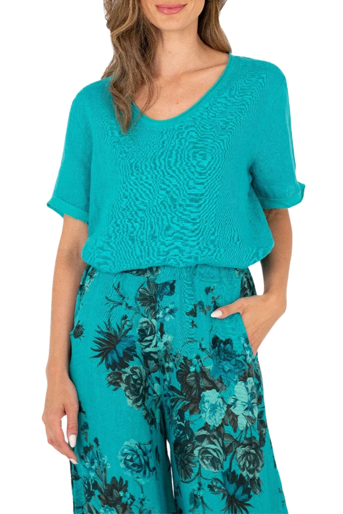 KNIT WOVEN COMBO TOP - 10-1719W