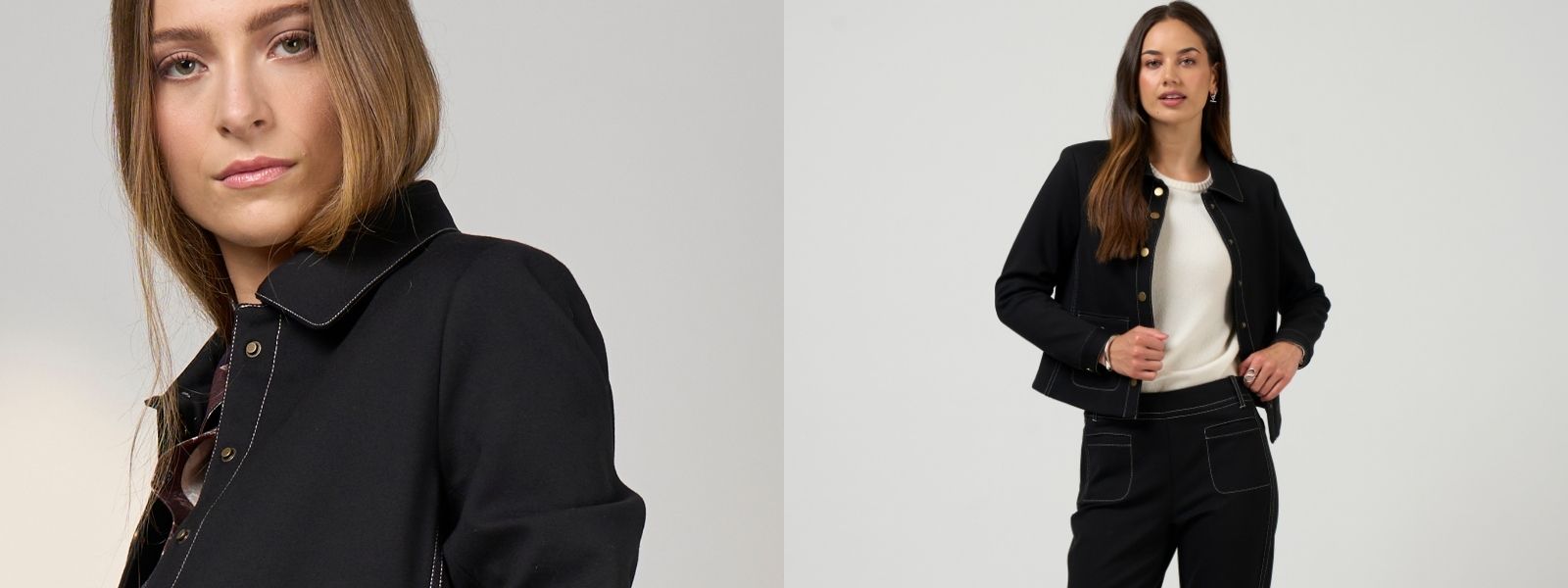 matching sets - Two women wearing black jackets with a plain background