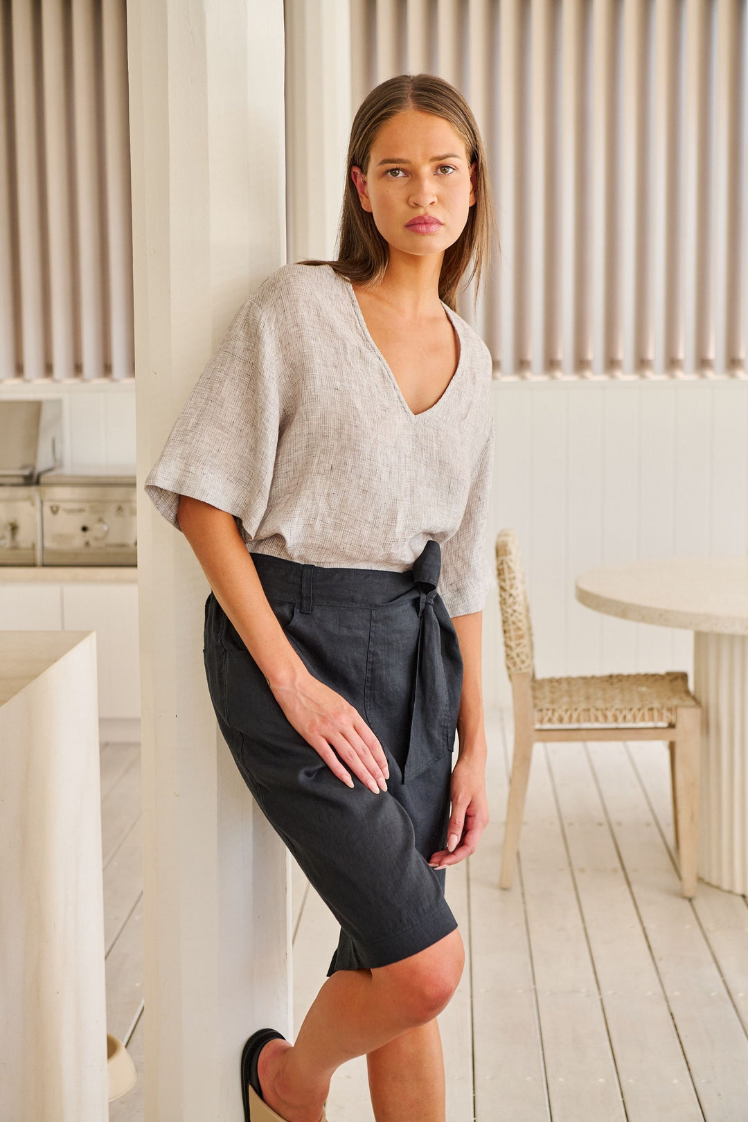 V NECK LINEN TOP - GA683