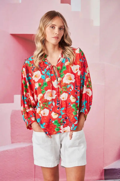 AIKO BLOUSE - 8959JX XS / RED-FLORAL BLOUSE