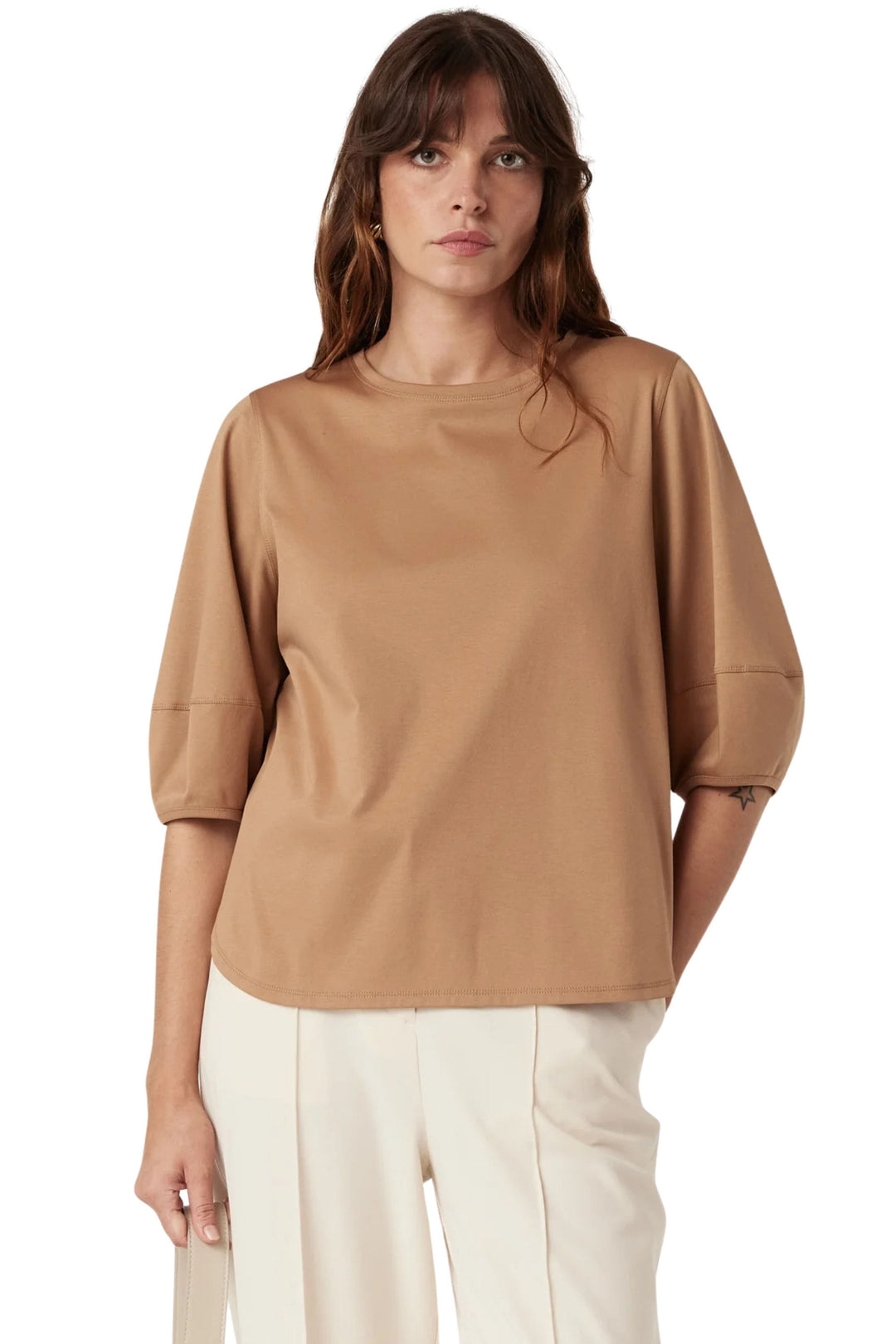 CABLE TOP 8 / CAMEL PIMA LANTERN SLEEVE TOP - CSC1084