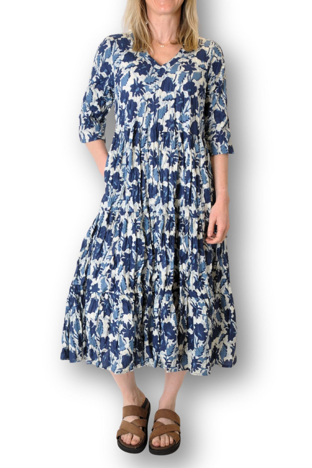 DRESS ADDICT DRESS S / BLUE-WHITE 3/4 SLV MIDI DRESS - JOK-500