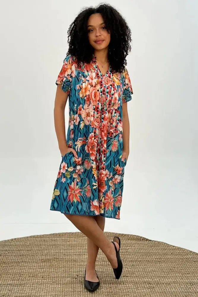 FLORAL DIAMOND PINTUCK DRESS - SDR-1768-FDM DRESS