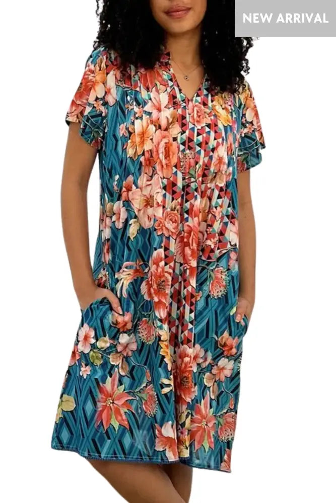 FLORAL DIAMOND PINTUCK DRESS - SDR-1768-FDM DRESS