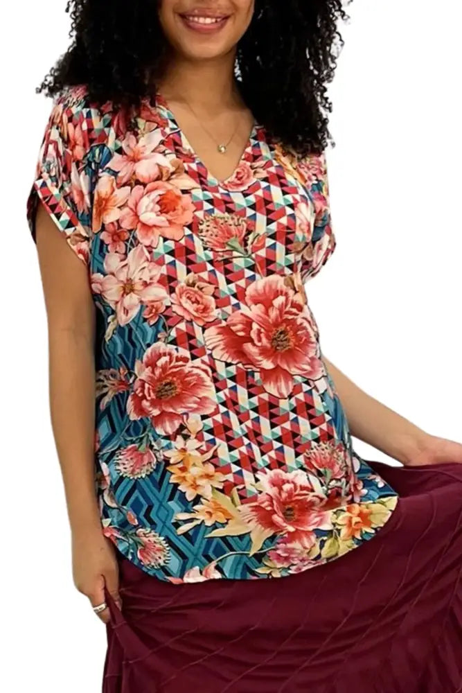 FLORAL DIAMOND V NECK TOP - TOP-1214-FDM TOP