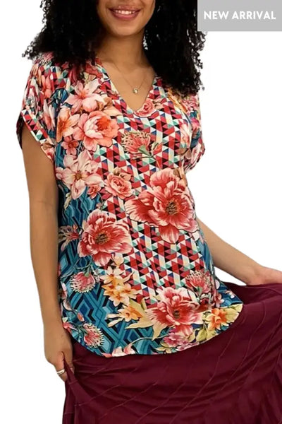 FLORAL DIAMOND V NECK TOP - TOP-1214-FDM TOP