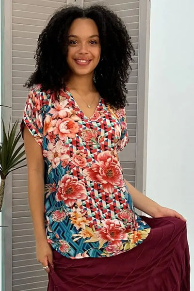 FLORAL DIAMOND V NECK TOP - TOP-1214-FDM TOP