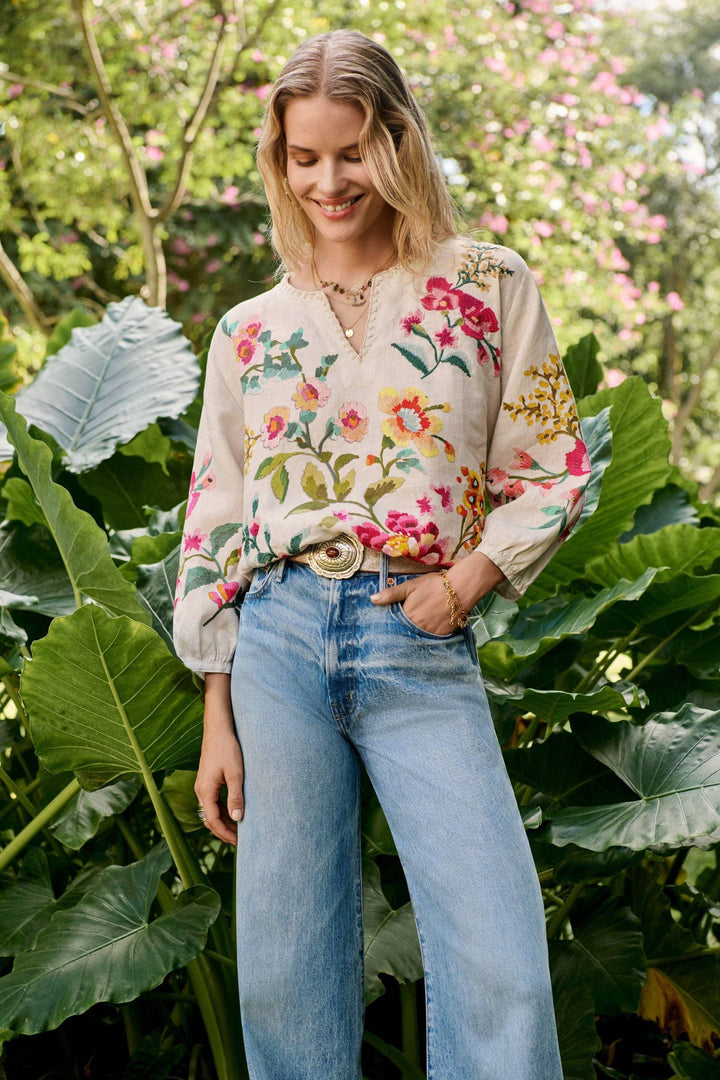 JOHNNY WAS BLOUSE SPLIT NECK LINEN BLOUSE - J10426-1