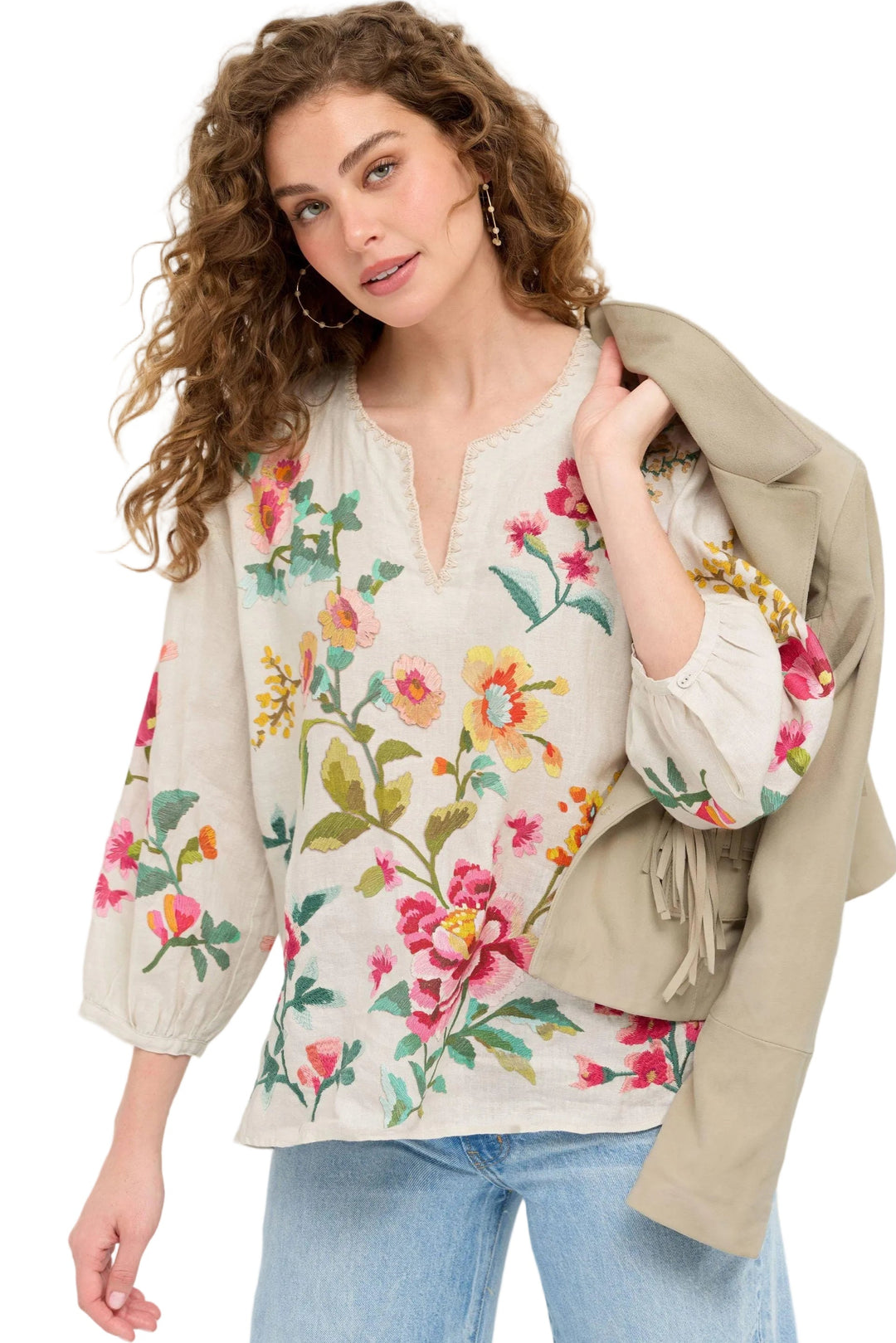 JOHNNY WAS BLOUSE XS / ECRU SPLIT NECK LINEN BLOUSE - J10426-1