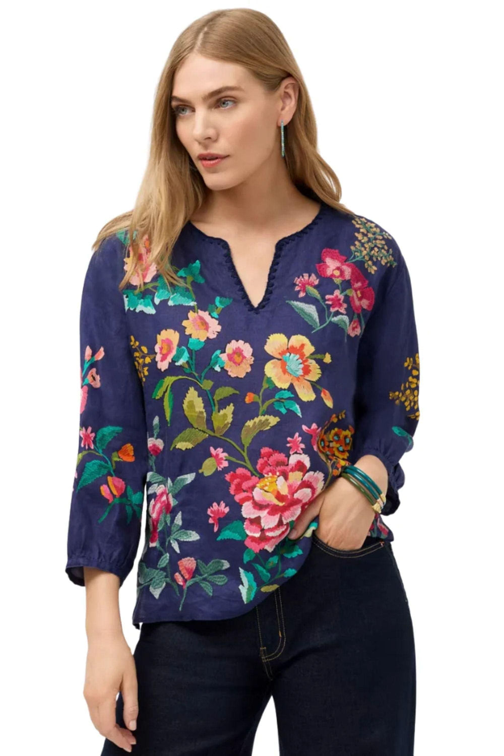 JOHNNY WAS BLOUSE XS / NIGHT SPLIT NECK LINEN BLOUSE - J10426-1