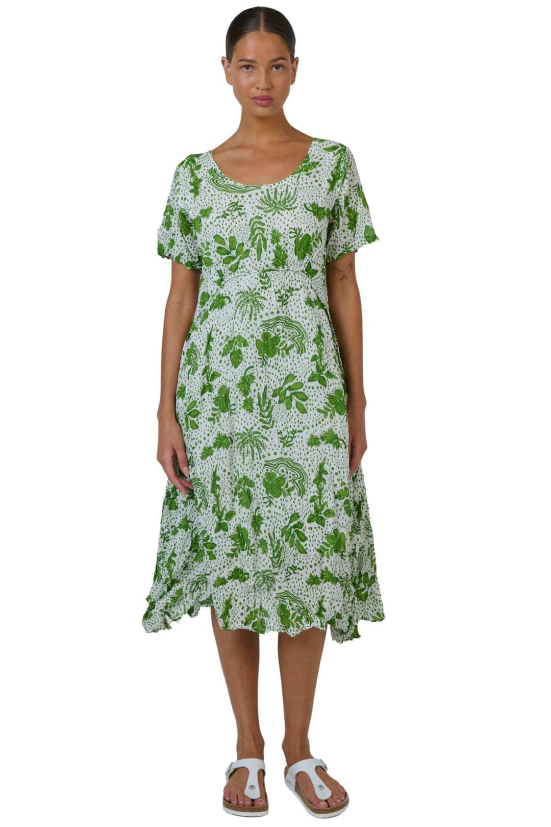NAMASTAI DRESS S/M / GREEN-WHITE ROUND NECK COTTON DRESS - P150