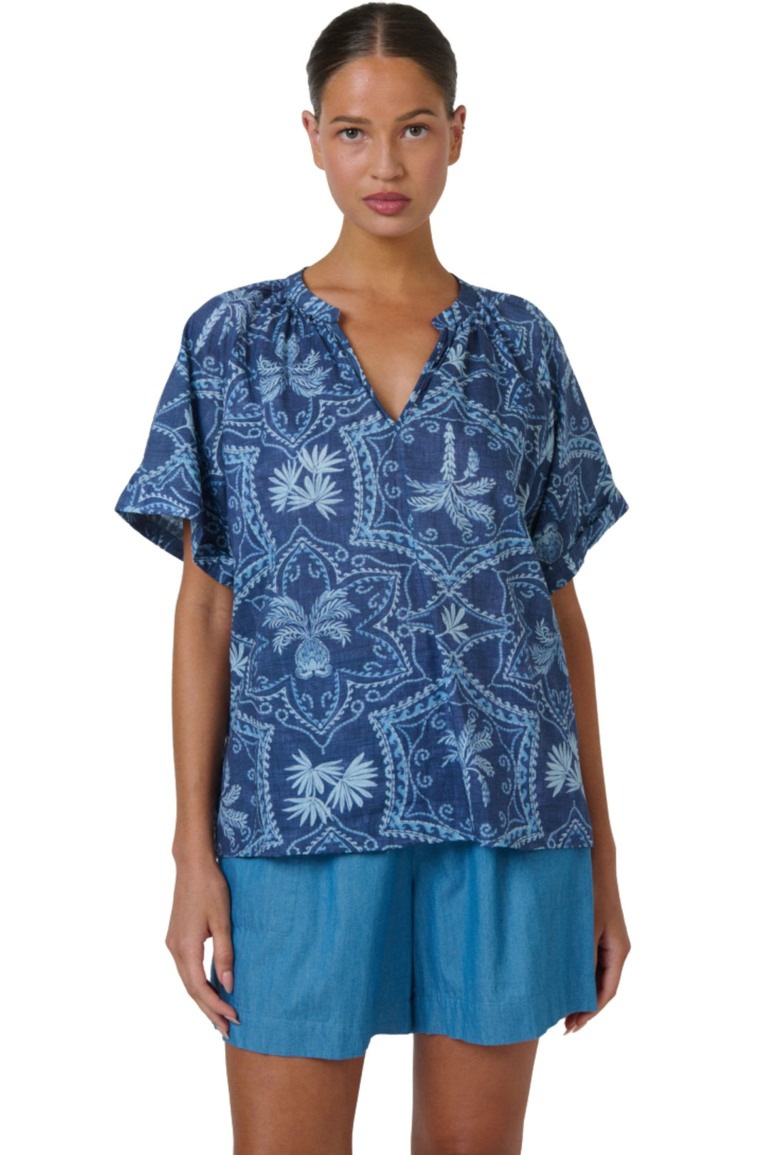 NAMASTAI TOP S/M / BLUE-PRINT V-NECK COTTON TOP - NAM89