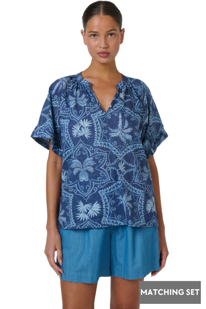 NAMASTAI TOP S/M / BLUE-PRINT V-NECK COTTON TOP - NAM89