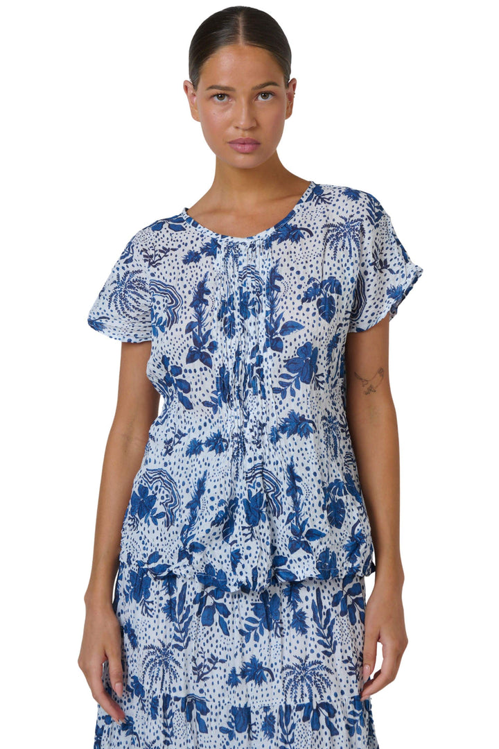 NAMASTAI TOP S/M / BLUE-WHITE GATHERED COTTON TOP - P179