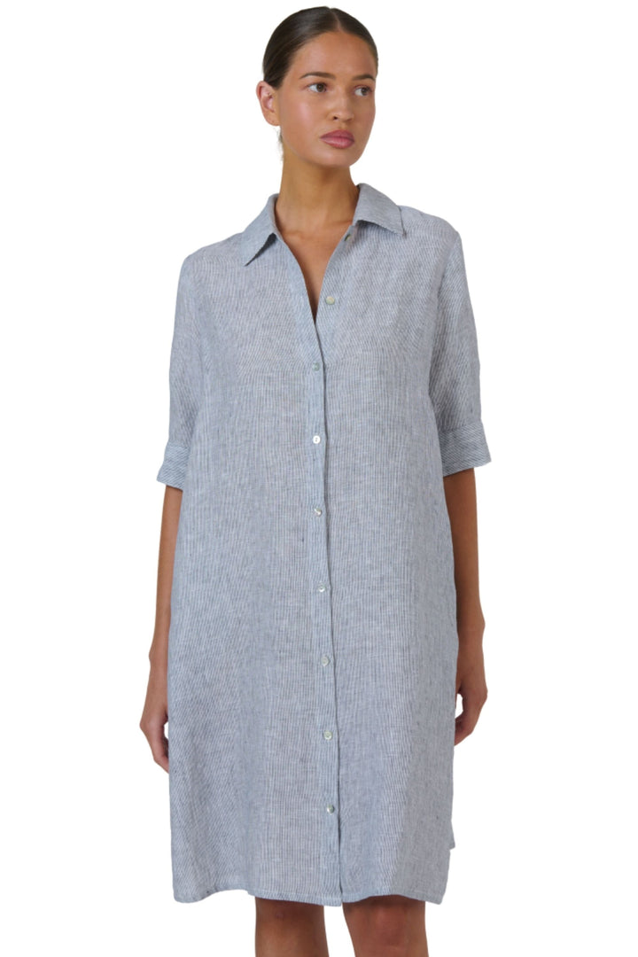 NATURALS BY O AND J DRESS BLUE-WHITE / XS BUTTON DOWN LINEN DRESS - GA513
