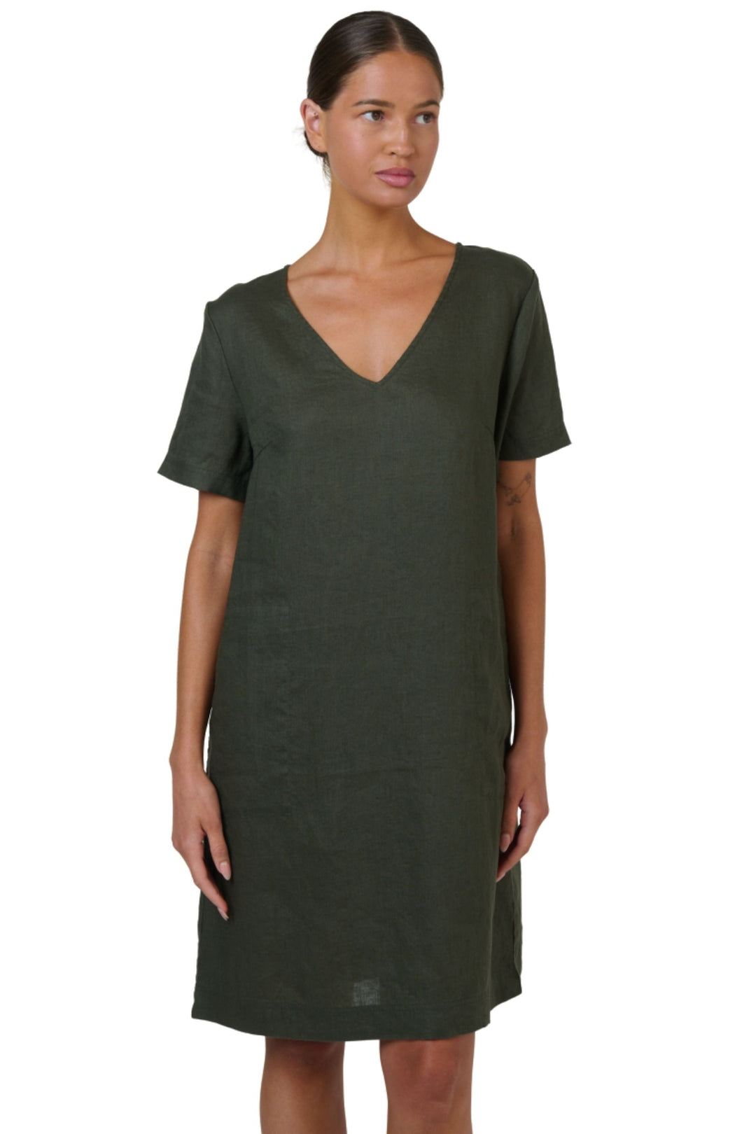 NATURALS BY O AND J DRESS KHAKI / XS V NECK LINEN DRESS - GA702