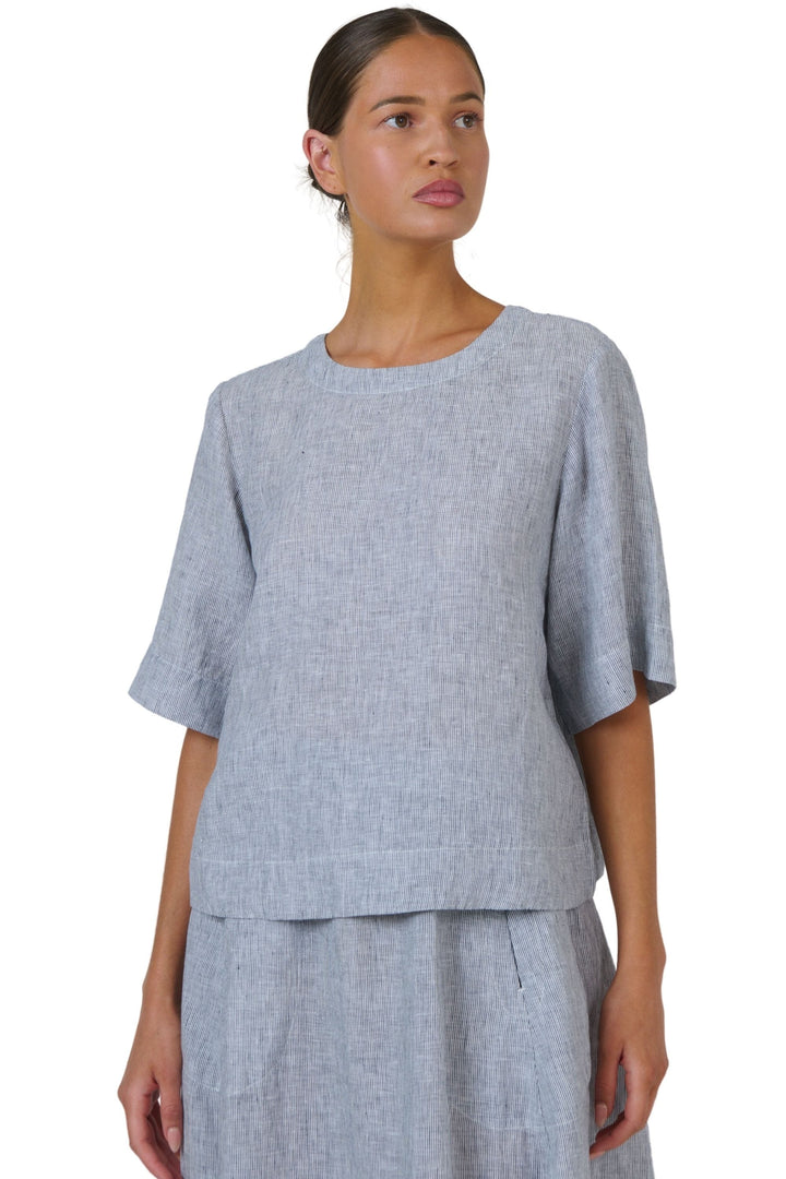 NATURALS BY O AND J TOP BLUE-WHITE / XS ROUND NECK LINEN TOP - GA724B