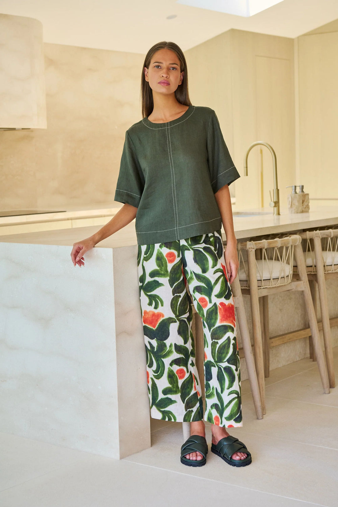 NATURALS BY O AND J TOP CONTRAST STITCH LINEN TOP - GA724