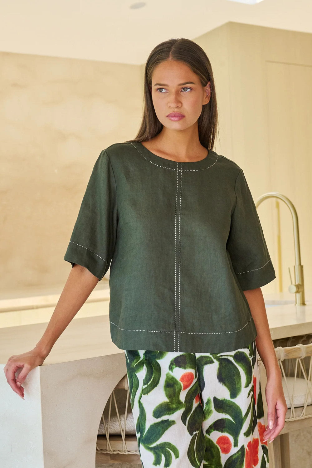 NATURALS BY O AND J TOP CONTRAST STITCH LINEN TOP - GA724