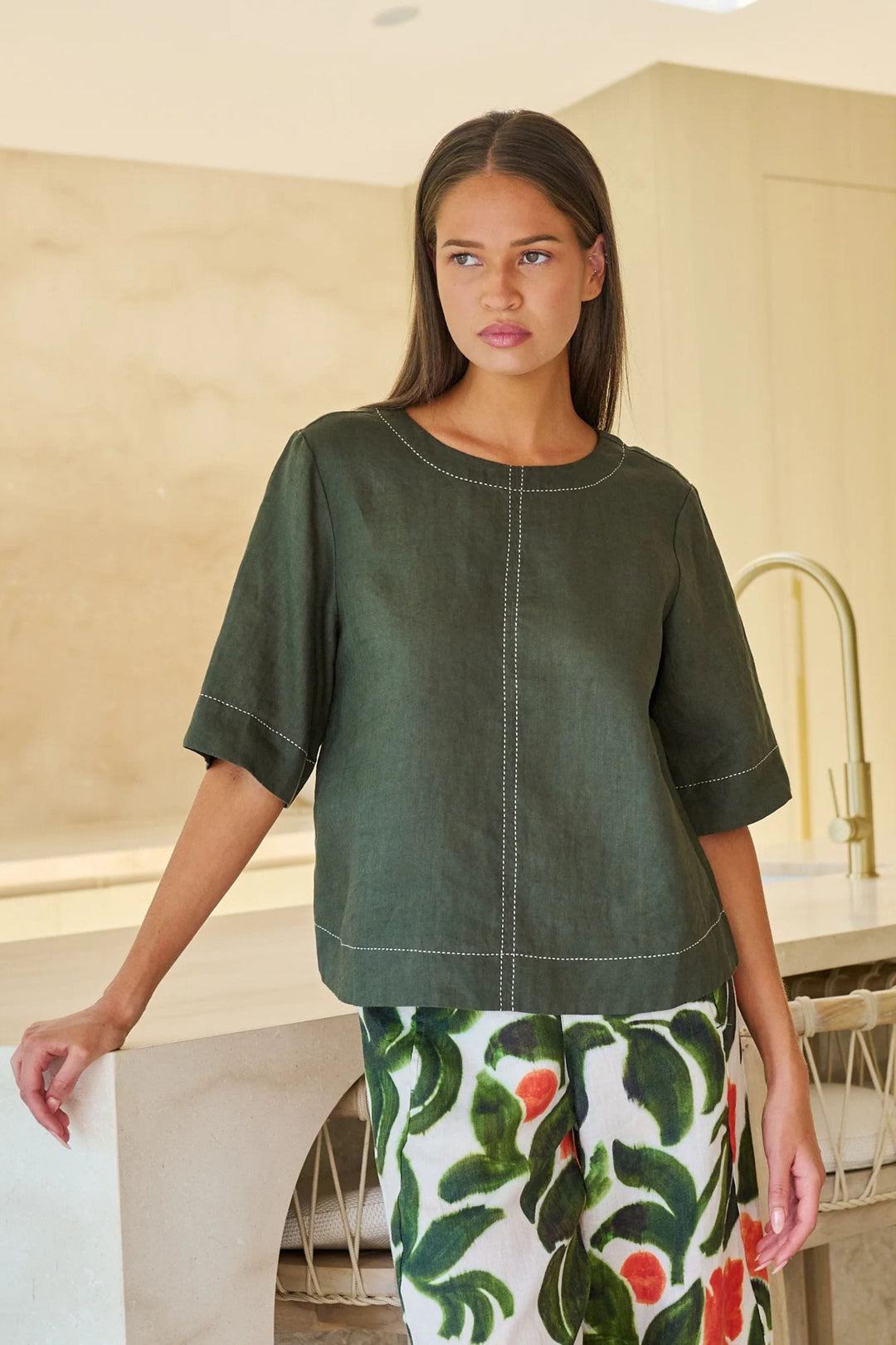 NATURALS BY O AND J TOP CONTRAST STITCH LINEN TOP - GA724