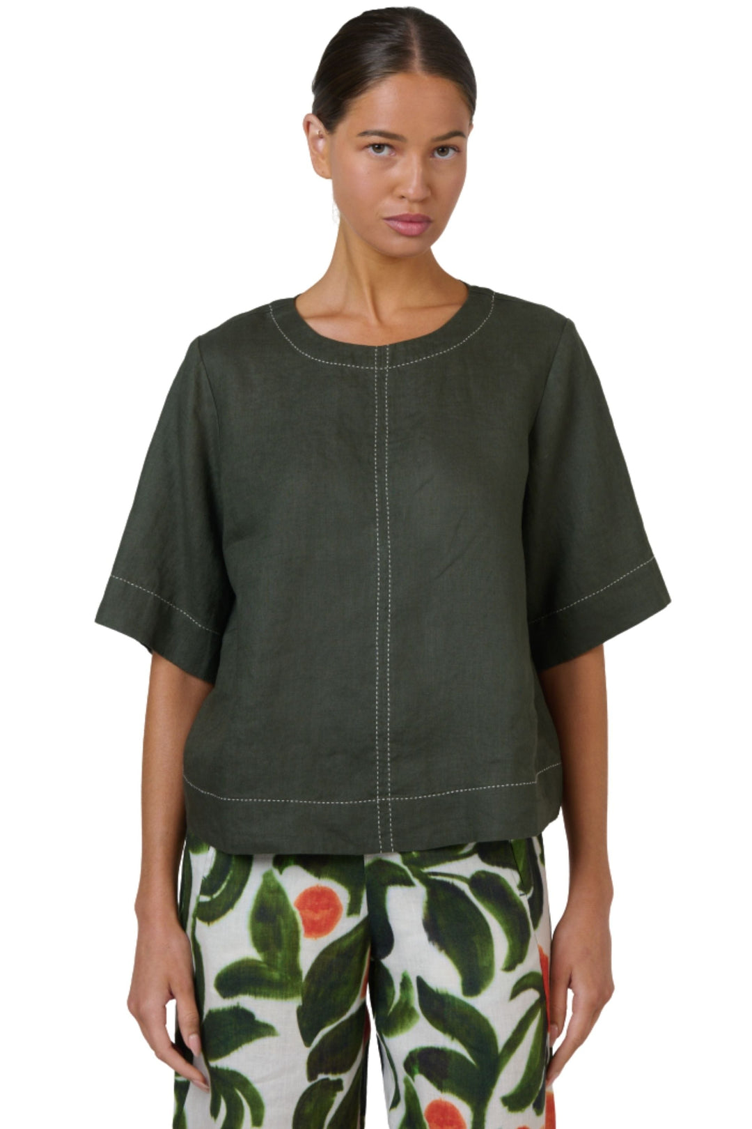 NATURALS BY O AND J TOP KHAKI / XS CONTRAST STITCH LINEN TOP - GA724