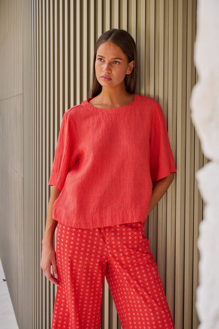 NATURALS BY O AND J TOP ROUND NECK LINEN TOP - GA724B