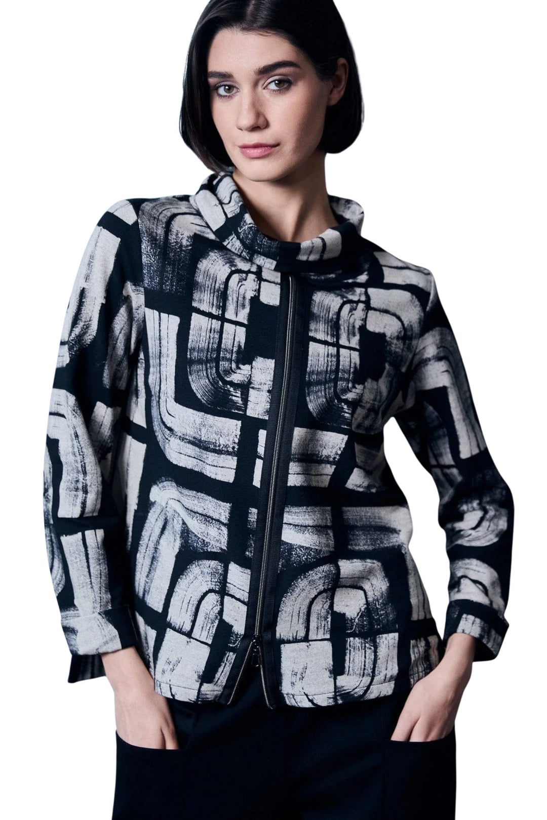 PERUZZI TOP ECRU / 8 CENTRE ZIP PRINT TOP - W25118