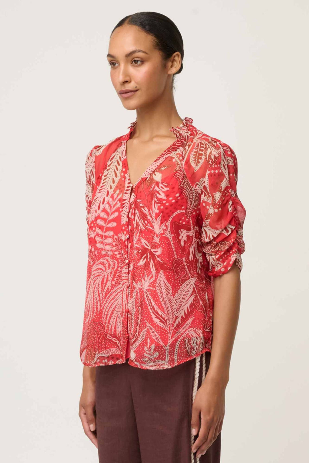 ONCE WAS TOP RUCHED SLEEVE BLOUSE - OW22114