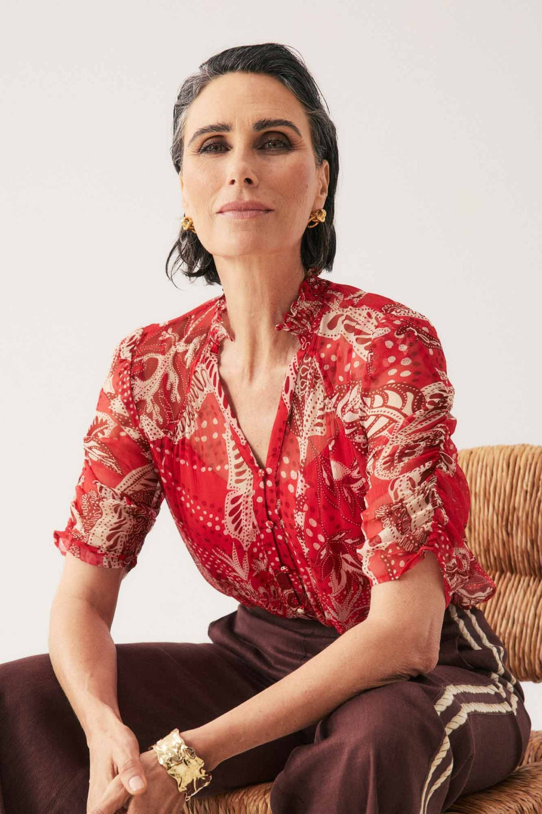 ONCE WAS TOP RUCHED SLEEVE BLOUSE - OW22114