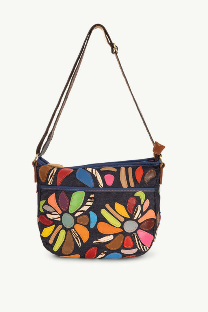 SASSYDUCK BAG NAVY BOTANICA LEATHER &amp; DENIM XBODY - L25