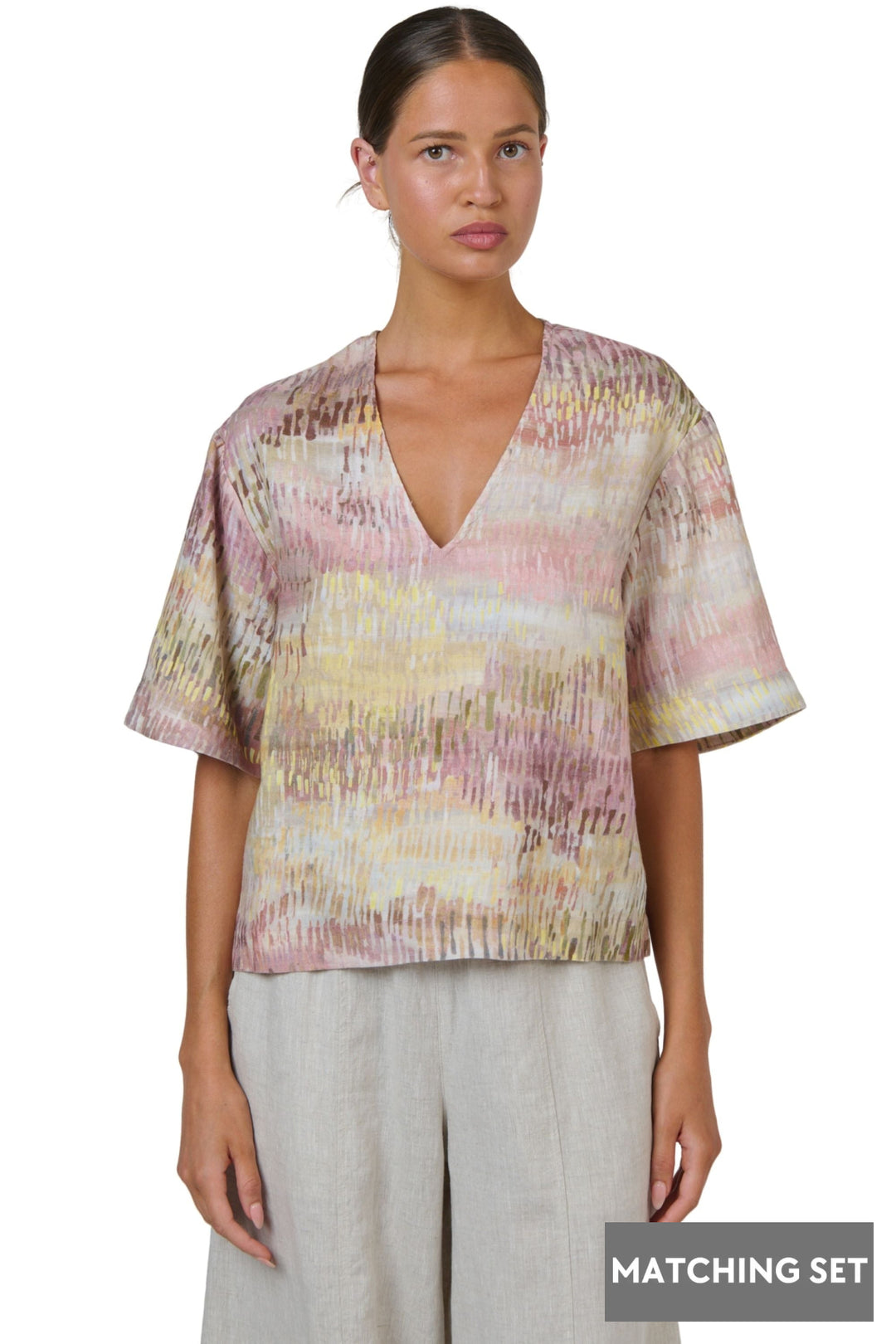 V NECK LINEN TOP - GA683 - PINK-MULTI / XS - TOP